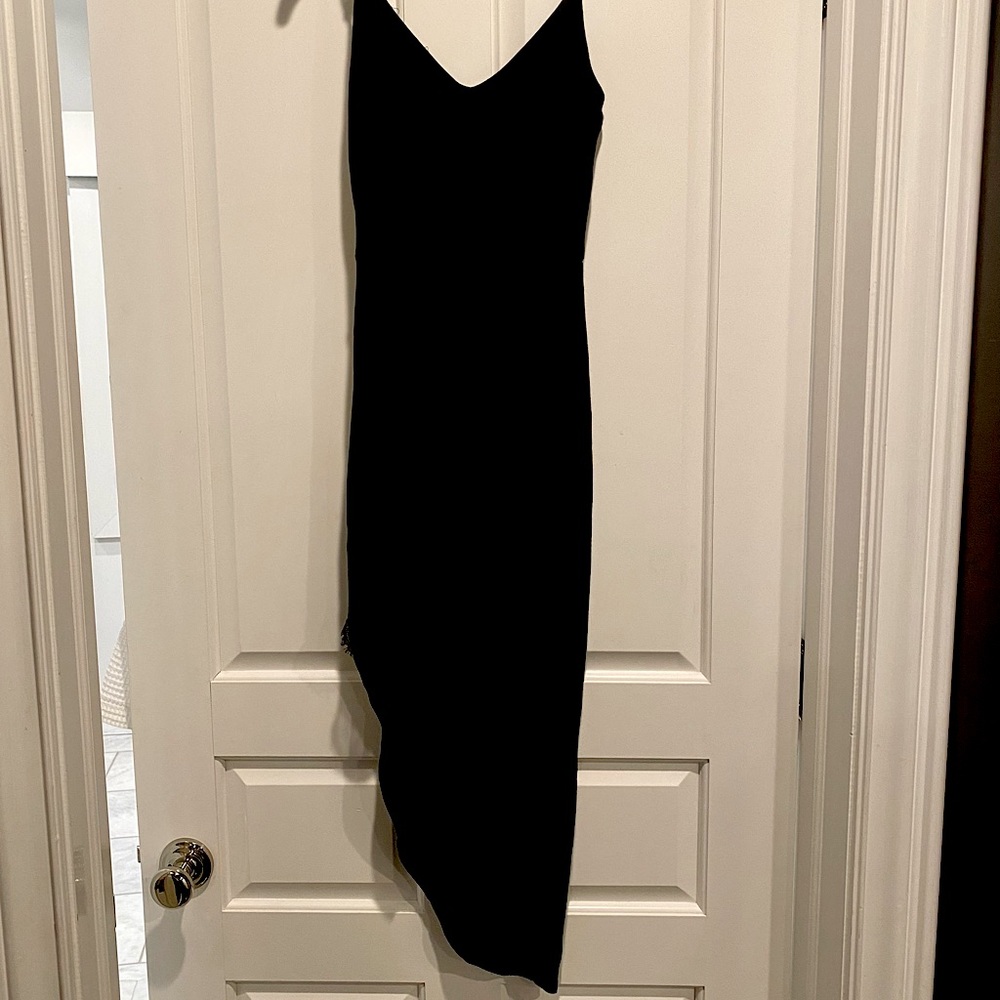 Soprano black spaghetti strap asymmetrical midi dress with lace, size XS